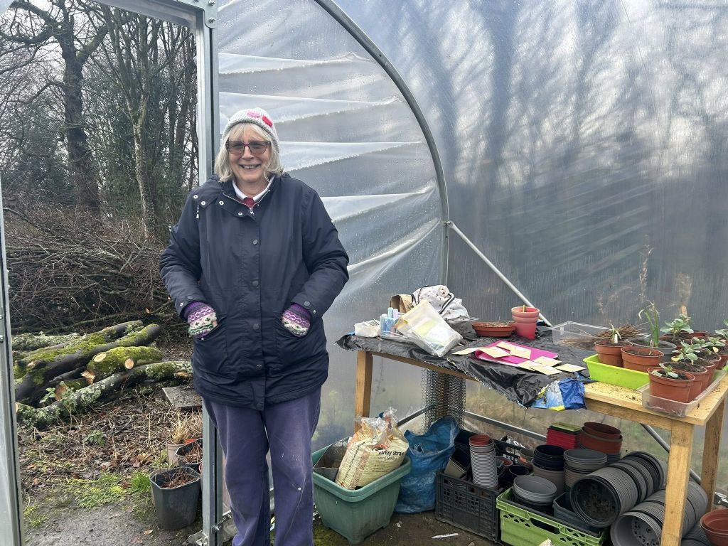 Mandy with her seeds and seedlings in the polytunnel