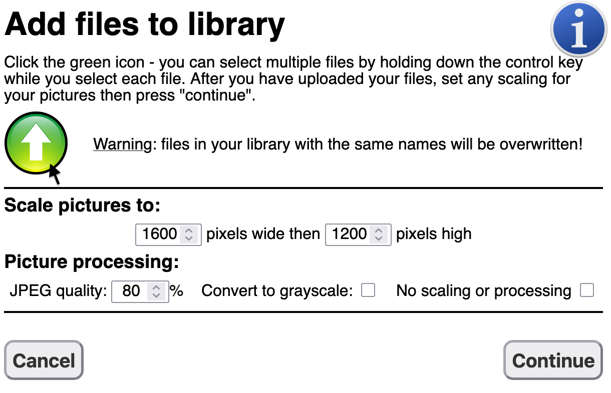 Clicking the green button lets you select one or more files to upload to your computer. These are then listed with green ticks after they have been uploaded successfully. Clicking 'Continue' takes you to the next screen, where descriptions can be added.