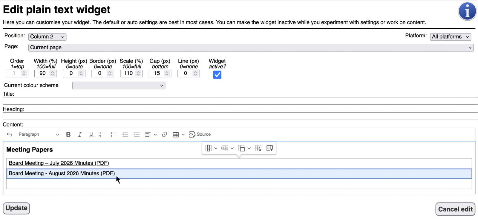 Type your link text first. In this example the text is in a table so you will need to add another row to the table before typing your text.